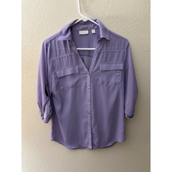 New York & Company Tops - New York & Company Purple Polka Dot Button Down Roll Tab Sleeve Blouse Med
A1104